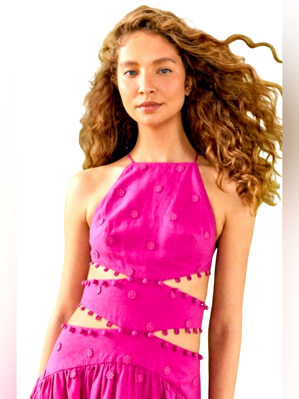 FARM Rio Hot Pink Halter Maxi Dress with Pom Trim